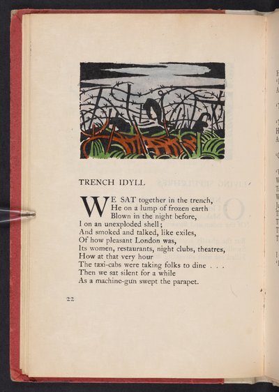 Sielanka okopowa, ilustracja z "Obrazów wojny" Richarda Aldingtona. Londyn, The Beaumont Press, strona 22 autorstwa Paul Nash