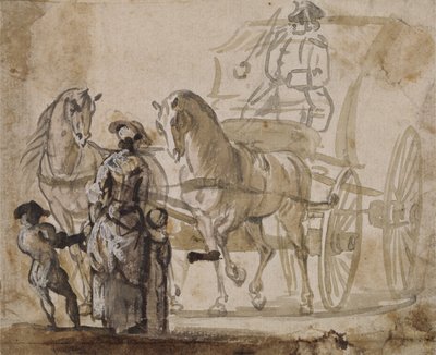 Powóz i para, z woźnicą (szaro-brązowe spranie wzmocnione bielą na papierze) autorstwa Paul Sandby