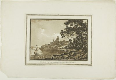 Zamek Benton Patrząc w dół Reach do Milford Haven, z Dwunastu Widoków w Aquatinta z Rysunków wykonanych na miejscu w Południowej Walii autorstwa Paul Sandby