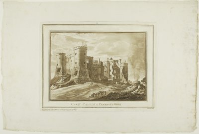 Zamek Carey w Pembroke Shire, z Dwunastu widoków w Aquatinta z Rysunków wykonanych na miejscu w Południowej Walii autorstwa Paul Sandby