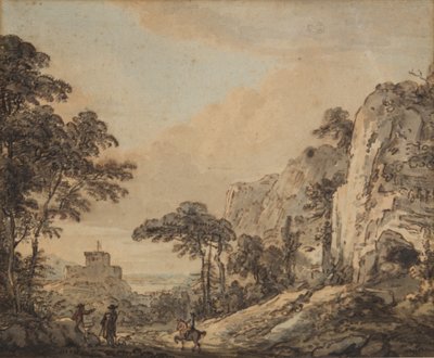 Krajobraz z jeźdźcem (pióro, atrament, pędzel i toaleta na papierze) autorstwa Paul Sandby