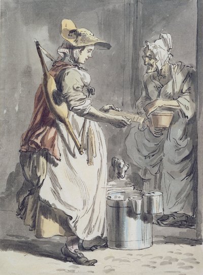 London Cries: A Milkmaid, ok. 1759 (pędzel z piórem i tuszem, akwarela i grafit na papierze) autorstwa Paul Sandby