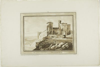 Zamek Manerbawr w Pembroke Shire, z Dwunastu widoków w Aquatinta z Rysunków wykonanych na miejscu w Południowej Walii autorstwa Paul Sandby