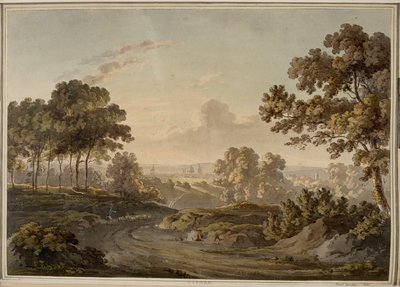Oxford [grafika]. Pasterz pasący owce na drodze w kierunku Oksfordu, którą widać na horyzoncie oświetlonym blaskiem zachodzącego słońca. autorstwa Paul Sandby