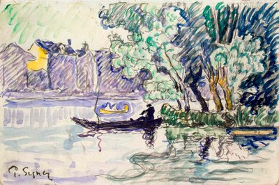 Rybak w łodzi w pobliżu brzegu Sekwany, ok. 1900 autorstwa Paul Signac