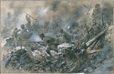 Pierwsza wojna światowa (1914-1918): „”Kontratak w wiosce Vaux w 1916 r. na froncie Verdun””” Akwarela Paula Thiriata Paris. Musee, Des deux guerre mondiale DR - francuski kontratak na wioskę Vaux niedaleko Verdun autorstwa Paul Thiriat