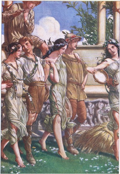 Juno, Ceres i maska nimf i żniwiarzy, ilustracja z Burzy, 1908 autorstwa Paul Vincent Woodroffe