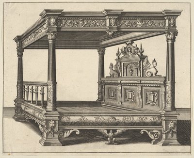 Łóżko z baldachimem z Verscheyden Schrynwerck ... [Kilka stolarni ...], 1658. autorstwa Paul Vredeman de Vries