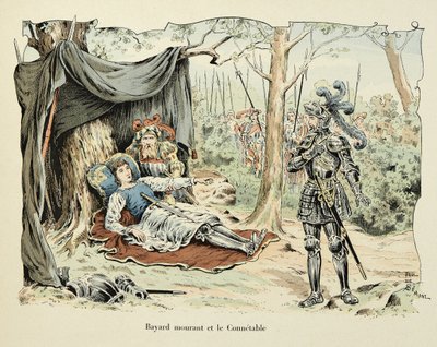 Ilustracja zaczerpnięta z książki „Histoire du chevalier Bayard” autorstwa Theodore Cahu, ilustrowana przez Paula De Semanta (1855-1915): Bayard umierający i Le Connetable de Bourbon 1524 autorstwa Paul de Semant
