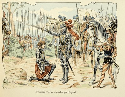Ilustracja zaczerpnięta z książki „Histoire du chevalier Bayard” autorstwa Theodore Cahu, ilustrowana przez Paula De Semanta (1855-1915): Francois 1, er arme chevalier par Bayard 1515 autorstwa Paul de Semant