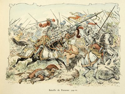 Ilustracja zaczerpnięta z książki „Histoire du chevalier Bayard” autorstwa Theodore Cahu, ilustrowana przez Paula De Semanta (1855-1915): Bitwa pod Fornoua 1495 autorstwa Paul de Semant