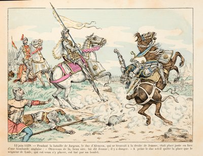 Ilustracja zaczerpnięta z książki „”Joan of Arc”” Theodore Cahu i zilustrowana przez Paula De Semant (1855-1915): 12 czerwca 1429 Pan Lude zabija balem podczas bitwy pod Jargeau przed Joanną d