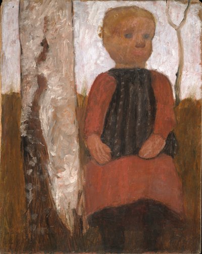Dziecko w czerwonej sukience na pniu brzozy autorstwa Paula Modersohn-Becker