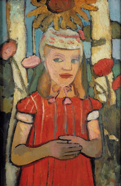 Dziewczyna w czerwonej sukience przed słonecznikiem, 1907. autorstwa Paula Modersohn Becker