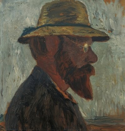Otto Modersohn w kapeluszu słomkowym z profilu po prawej stronie. Około 1905 r. autorstwa Paula Modersohn Becker