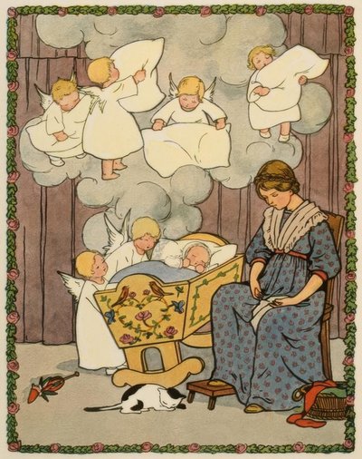 Aniołowie zaścielili łóżko, pióra lecą w dół autorstwa Pauli Ebner