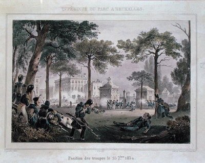 Oddziały w Parc Royal, Bruksela, 25 września 1830, grawerowane przez Dewasme-Pletinckx (kolor lito) autorstwa Paulus (after) Lauters