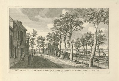 Widok na południowo-zachodni Binnensingel (Zuidwal) w Hadze Widok Zuid-West Binnen Cingel na Delft i Wateringen w Hadze (tytuł na obiekcie) Osiem twarzy w Hadze (tytuł serii) autorstwa Paulus Constantijn la Fargue