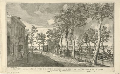 Widok na południowo-zachodni Binnensingel (Zuidwal) w Hadze Widok Zuid-West Binnen Cingel na Delft i Wateringen w Hadze (tytuł na obiekcie) Osiem twarzy w Hadze (tytuł serii) autorstwa Paulus Constantijn la Fargue