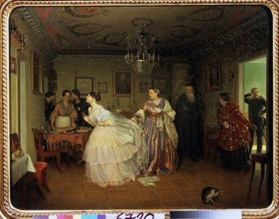 Zaręczyny Majora (Zaręczyny Majora). Opis salonu, dekoracji, naczyń i XIX-wiecznych mebli, Starsza kobieta zapowiada przybycie majora, panna młoda upuszcza białą koronkową chustkę i odwraca się radośnie, powstrzymywana przez autorstwa Pavel Andreevich Fedotov
