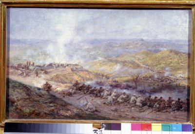 Scena rosyjskiej wojny tureckiej (1876-1878) (Scena rosyjskiej wojny tureckiej). Pole bitwy na Bałkanach, gdzie ścierają się żołnierze armii rosyjskiej i Imperium Osmańskiego podczas oblężenia Plewen (lub Plewen w Bułgarii) w 1877 roku. autorstwa Pavel Osipovich Kovalevsky