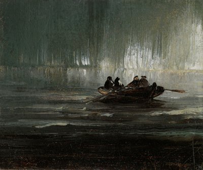 Zorza polarna nad czterema mężczyznami w łodzi wiosłowej autorstwa Peder Balke