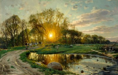 Zabierz krowy do domu o zachodzie słońca autorstwa Peder Monsted