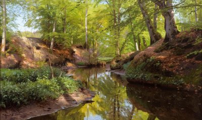 P.Mönsted, słoneczny dzień nad leśnym strumieniem autorstwa Peder Monsted