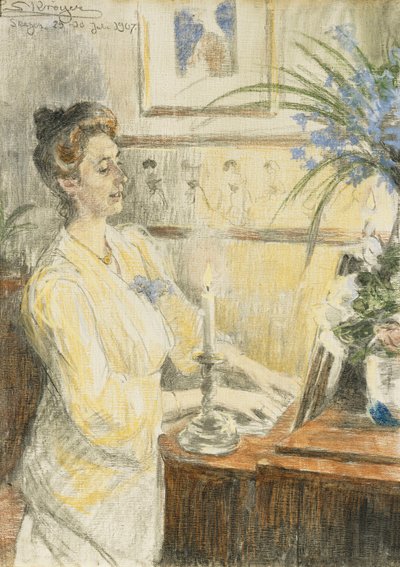 Portret Johanne Helene Louise Brodersen, przy fortepianie, 1907 autorstwa Peder Severin Krøyer
