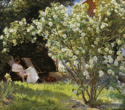 Róże. Marie Krøyer siedząca na leżaku w ogrodzie przy domu pani Bendsen autorstwa Peder Severin Krøyer