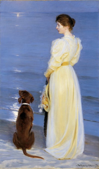 Letni wieczór w Skagen. Żona artysty z psem przy plaży autorstwa Peder Severin Krøyer