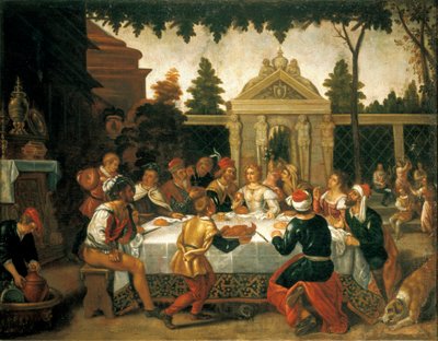 Uczta weselna Izaaka i Rebeki, artysta ze szkoły Pedro Orrente (1580-ca 1645) autorstwa Pedro (school of) Orrente