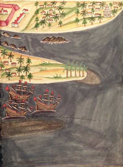 Sloane 197 f.182 Mapa eksploracyjna Surat, w dystrykcie Gujarat w Indiach, ilustracja z „Historical Accounts of Portuguese Settlements” autorstwa Pedro Barretto de Resende