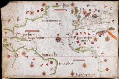 Mapa Oceanu Atlantyckiego, Morza Śródziemnego i Morza Czarnego, ok. 1535 r. (welin, papier) autorstwa Pedro Reinel