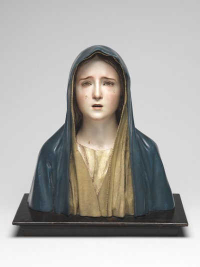 Matka Boska Bolesna Mater Dolorosa (drewno polichromowane, szkło, sierść zwierzęca) autorstwa Pedro de Mena