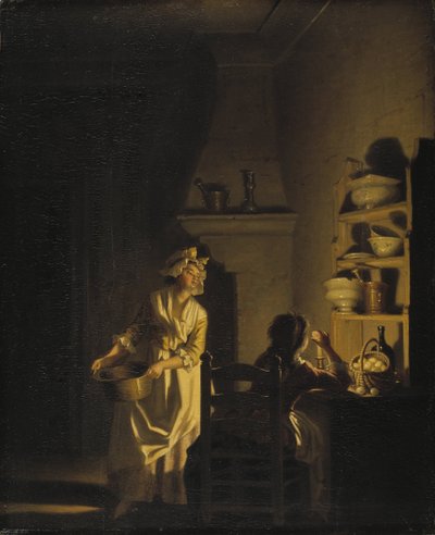 Le test des oeufs, interieur de cuisine - Testowanie jajek. Wnętrze kuchni, autorstwa Hillestroma, Pehr (1732-1816). Olej na drewnie. Wymiar : 39x32 cm. Muzeum Narodowe w Sztokholmie autorstwa Pehr Hilleström