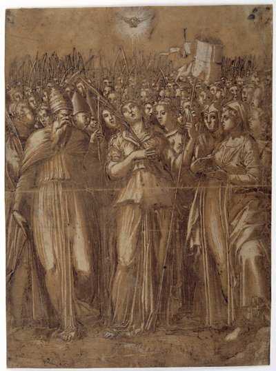 Św. Urszula z dziewicami męczennikami (pióro i brązowy atrament wzmocnione białym kolorem ciała na papierze spranego brązu) autorstwa Pellegrino (c.1460-1523) Aretusi