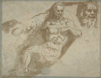Siedzący satyr z powiększoną głową tego samego prostokąta, głowa kobiety verso, 1527-96. autorstwa Pellegrino Tibaldi