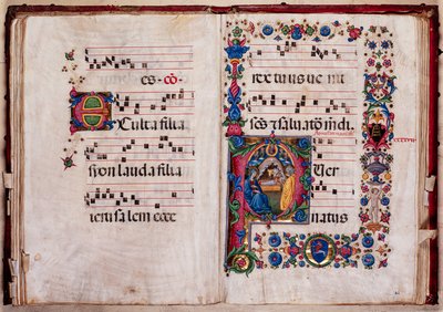 Biblioteka Piccolomini: księga chóralna, dorsz. 102,8, nn. 47v-48r z „Narodzeniem” Pellegrino di Mariano. autorstwa Pellegrino di Mariano