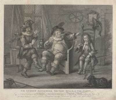 Sir Andrew Aguecheek, Sir Toby Belch i klaun - „Wieczór Trzech Króli”, Akt II, Scena III autorstwa Peltro W. Tomkins