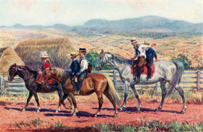 Australijskie dzieci jadące do szkoły (kolor lito) autorstwa Percy F.S. (after) Spence