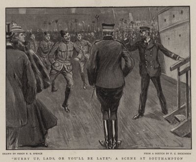 Pośpiesz się, chłopcy, albo się spóźnicie, scena w Southampton autorstwa Percy F.S. Spence