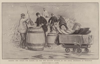 Pakowanie skrawków cynku do produkcji gazu dla sekcji balonów Królewskich Inżynierów w Woolwich autorstwa Percy F.S. Spence