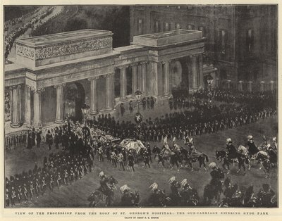 Widok na procesję z dachu szpitala św. Jerzego, karetę z bronią wjeżdżającą do Hyde Parku autorstwa Percy F.S. Spence