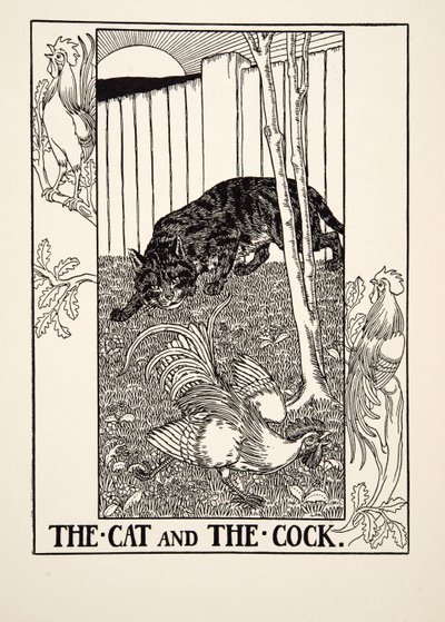Kot i kogut, ze Sto bajek Ezopa, wyd. 1903 autorstwa Percy J. Billingshurst
