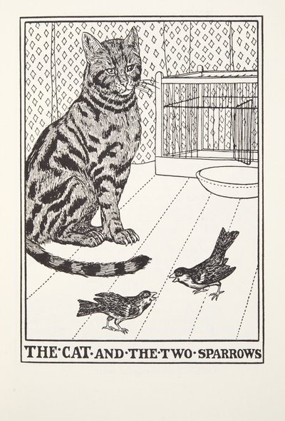 Kot i dwa wróble, z Fontaine Fables, wyd. 1905 autorstwa Percy J. Billingshurst
