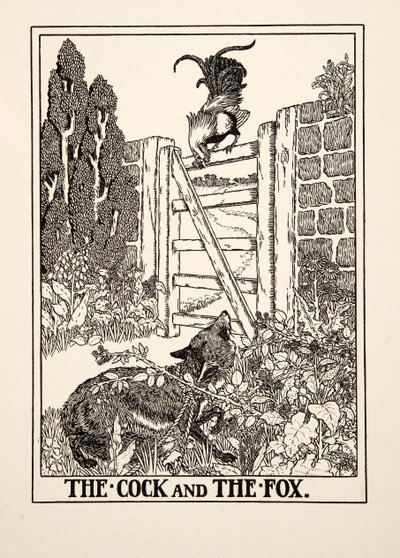 Kogut i lis, z Stu bajek Ezopa, wyd. 1903 autorstwa Percy J. Billingshurst
