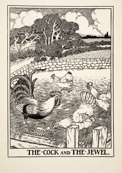 Kogut i klejnot, z Stu bajek Ezopa, wyd. 1903 autorstwa Percy J. Billingshurst