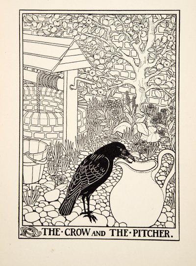 Wrona i dzban, z Stu bajek Ezopa, wyd. 1903 autorstwa Percy J. Billingshurst