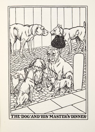 Kolacja Pies i jego Panowie, z Fontaine Fables, wyd. 1905 autorstwa Percy J. Billingshurst